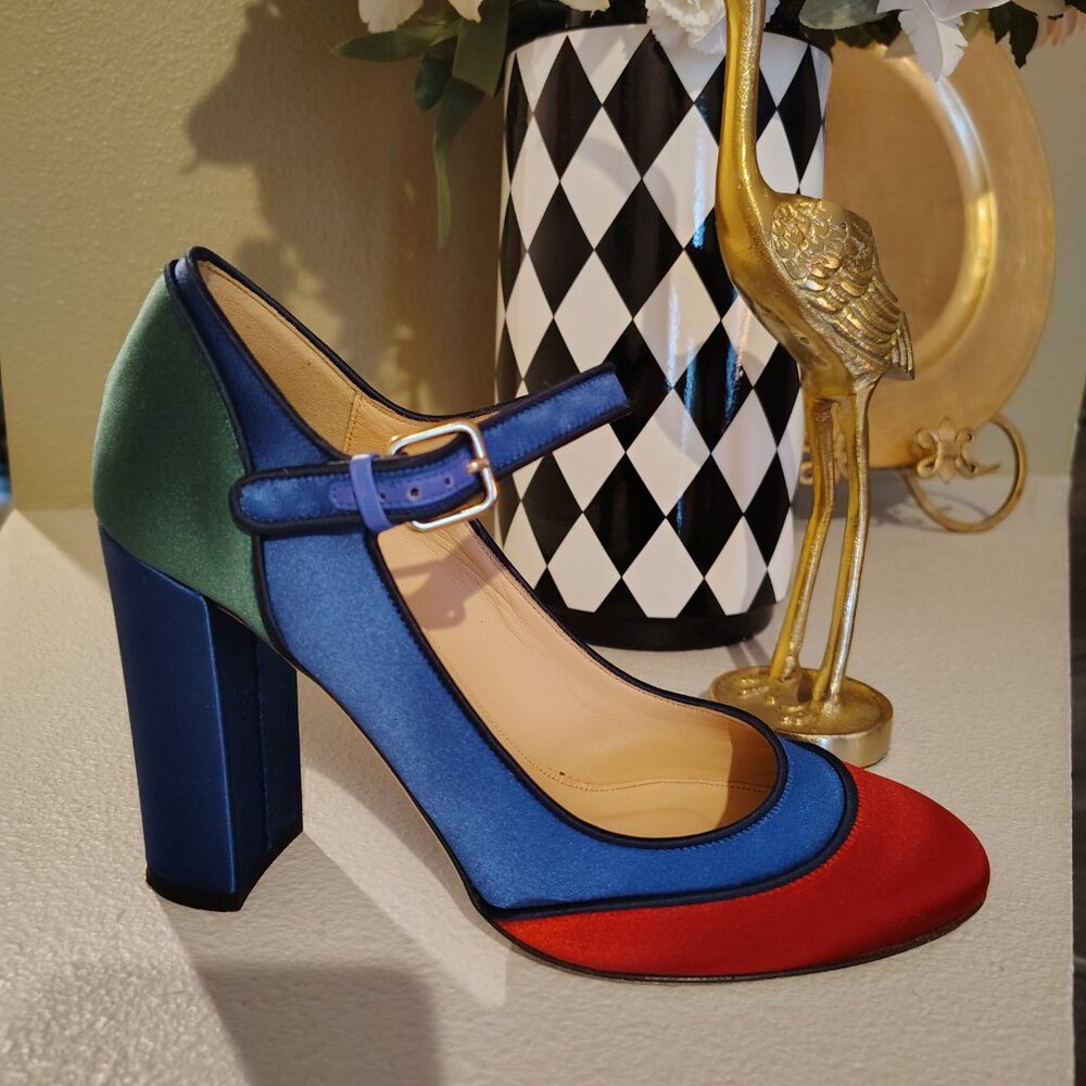 J. Crew Collection - Italian Made Colorblock Midnight Ocean Satin Mary Jane